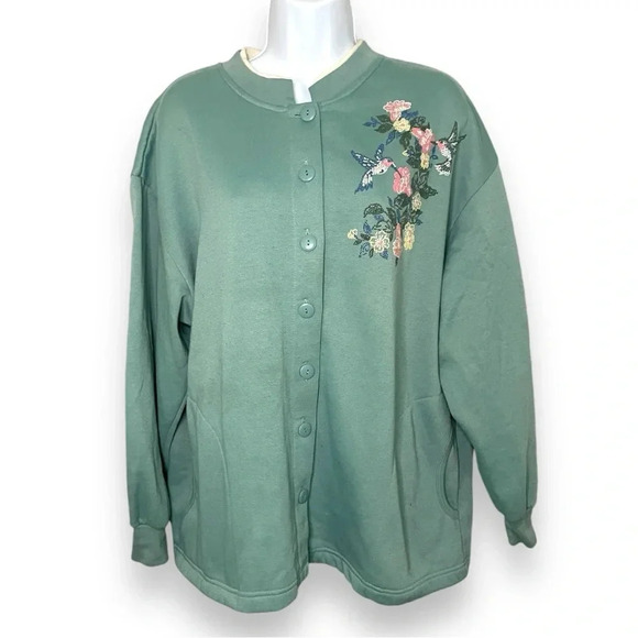 Vintage Bobbie Brooks Embroidered Floral Button-Up Sweatshirt XL Green Jacket - Picture 9 of 9